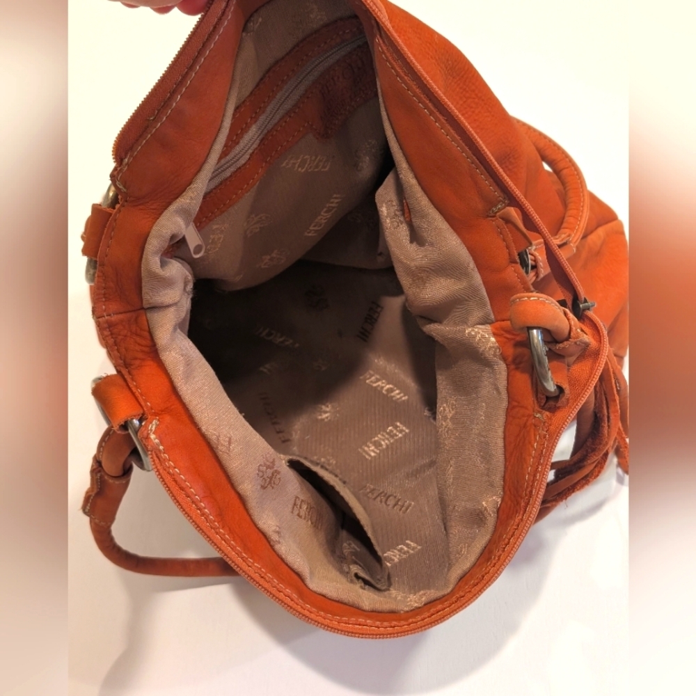FERCHI Embossed Brown Leather Shoulder Bag - Picture 5 of 6